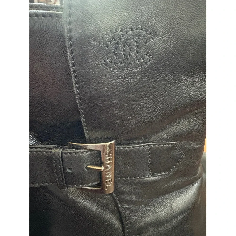 Vintage 90s Chanel Black Leather CC Logo Ankle Boots‎ Buckle Moto 36.5